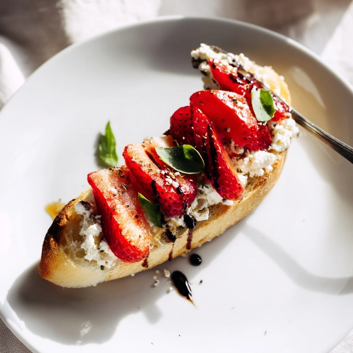 Warm Strawberry Ricotta Bruschetta topped with honey glazed strawberries and cracked pepper