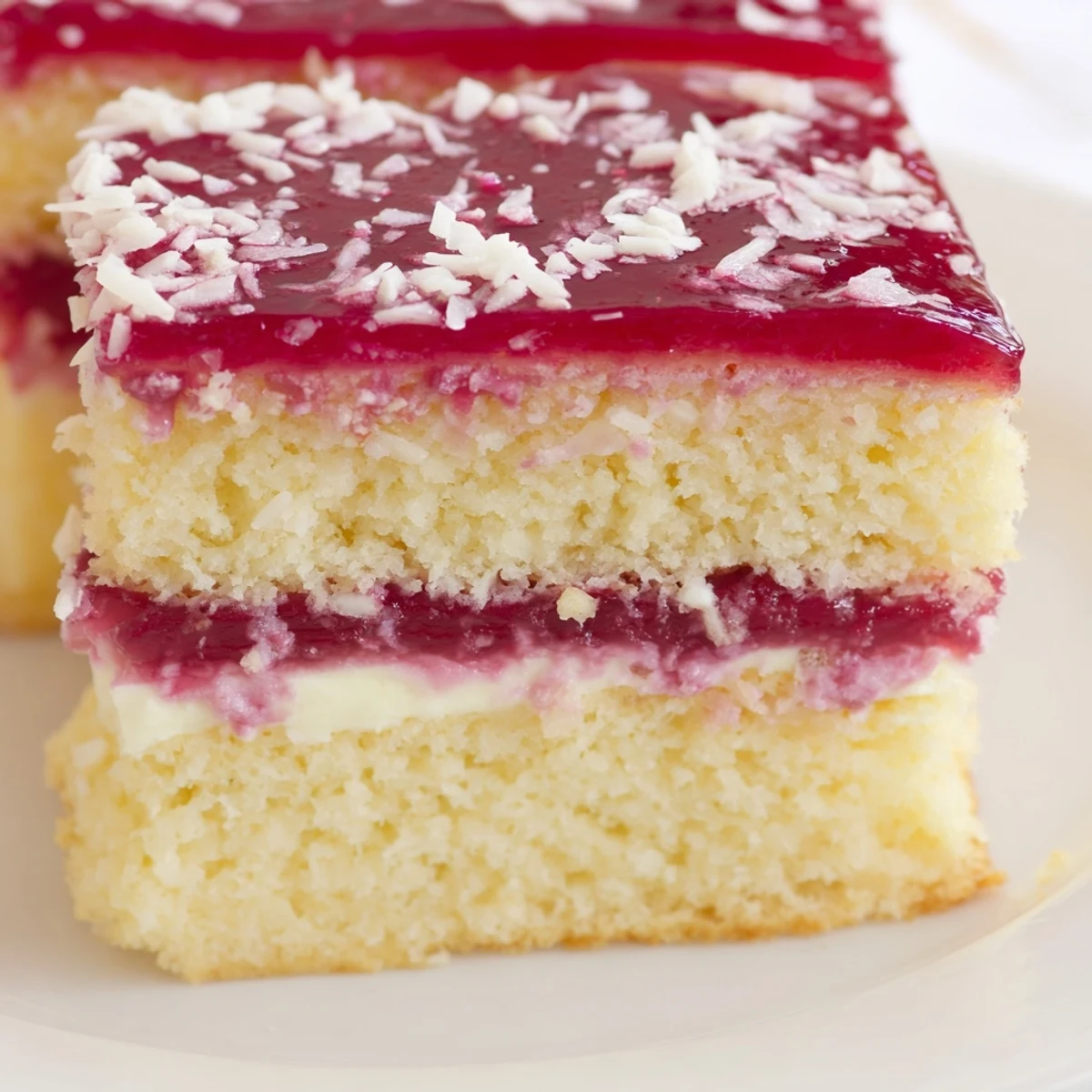 Old Fashioned Pink Jelly Cakes: coconut-coated sponge oozing raspberry jelly, tea.