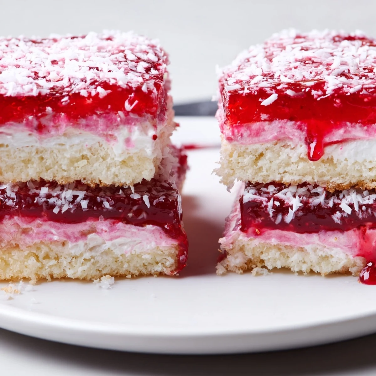 Close-up of Old Fashioned Pink Jelly Cakes with whipped cream peeking, nostalgic.