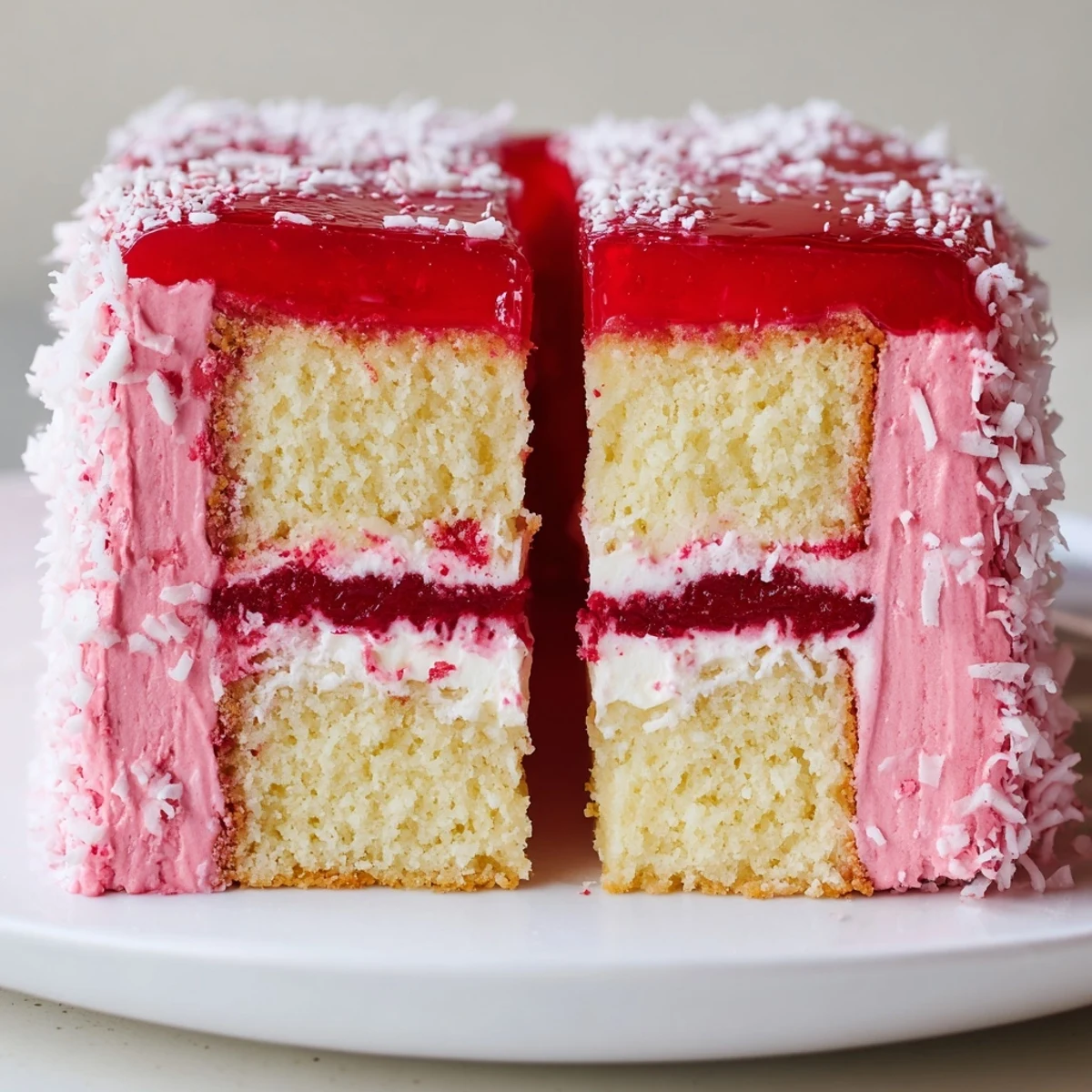 Tray of Old Fashioned Pink Jelly Cakes chilled, rolled in shredded coconut.