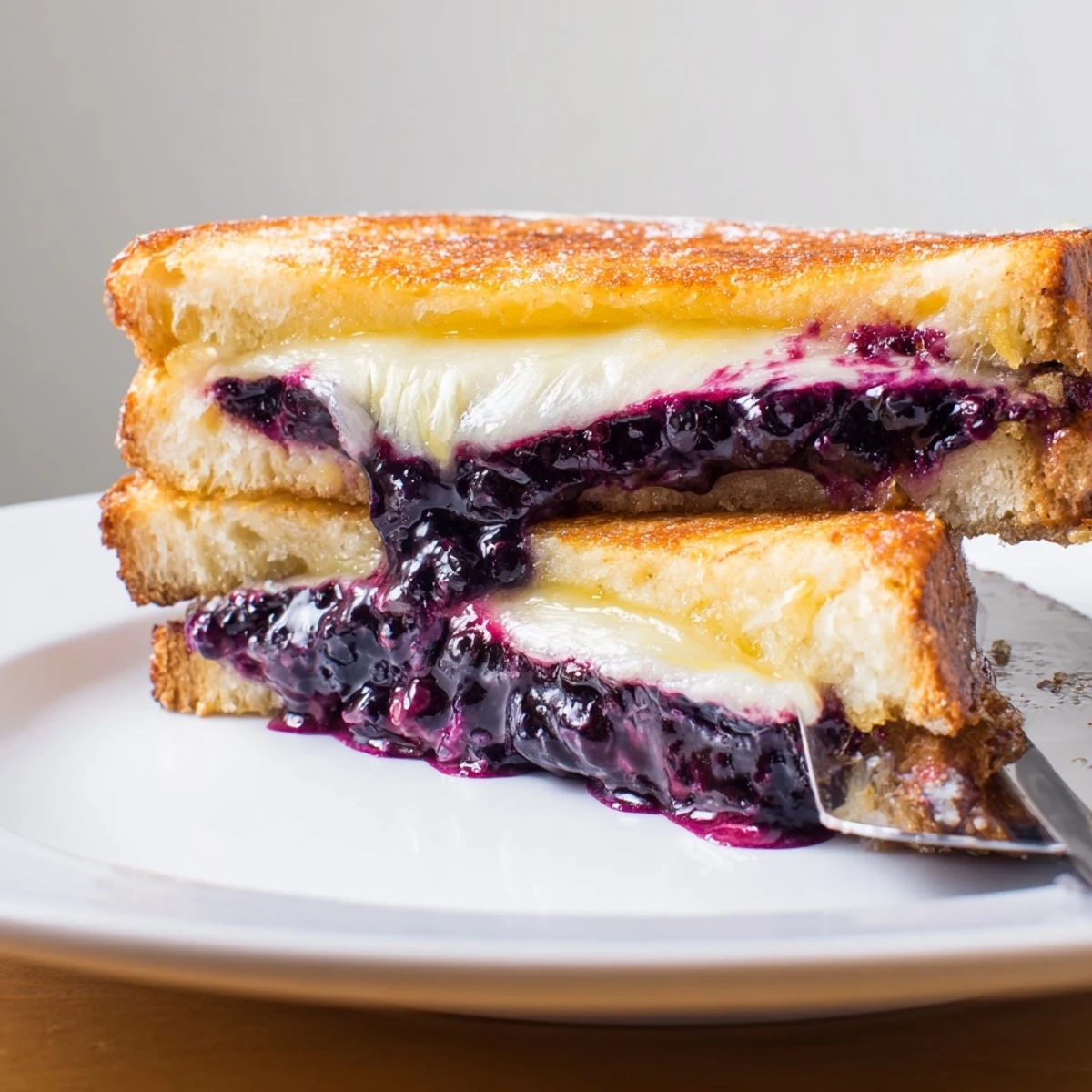 Smoky skillet-seared Crispy Blueberry Grilled Cheese, served hot with honey drizzle