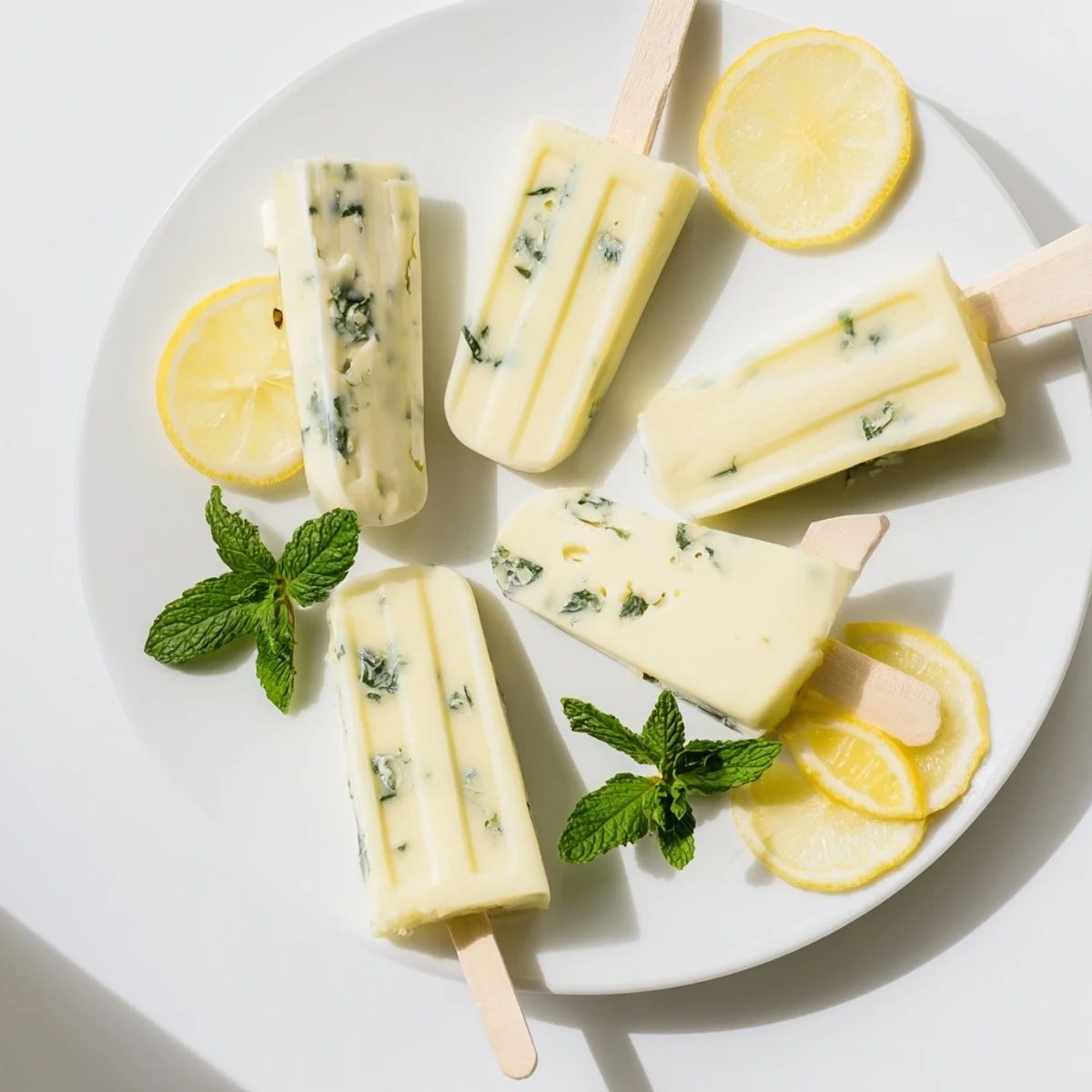 Eight frozen lemon yogurt popsicles in colorful molds garnished with thin lemon slices