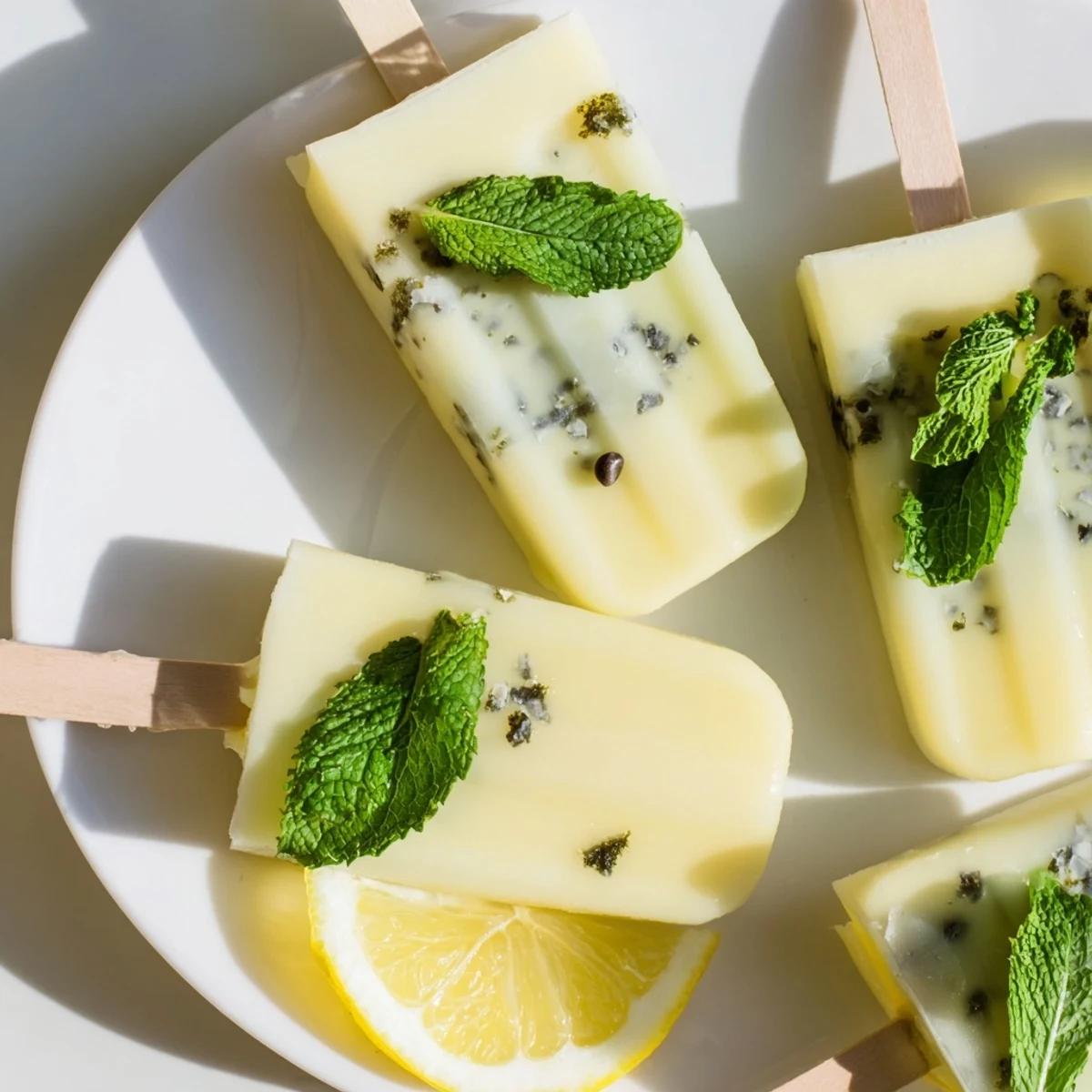 Close up of zesty frozen lemon yogurt popsicles with mint leaves and white chocolate chips