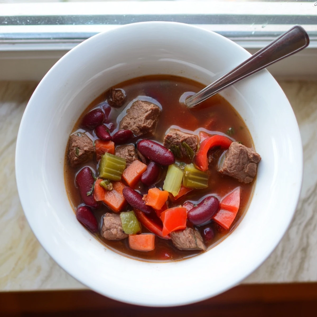 Steaming bowl of savory beef and bean soup delight packed with tender beef chunks, colorful vegetables, and kidney beans in rich broth