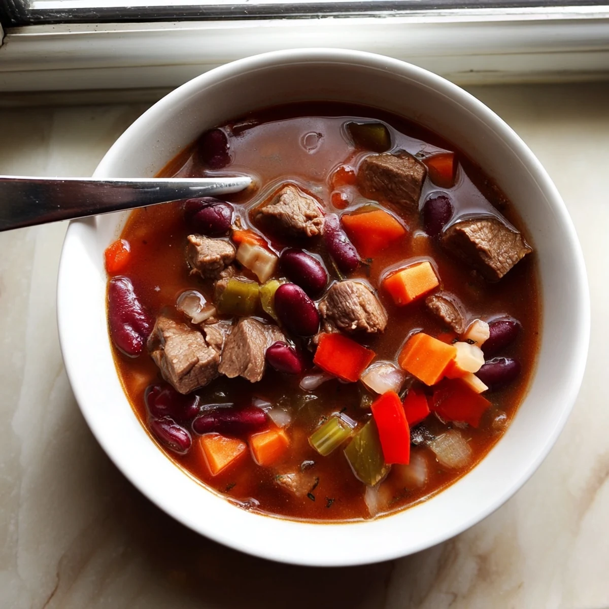 Hearty beef and bean soup delight simmered with carrots, celery, bell peppers, and aromatic spices in a deep soup pot