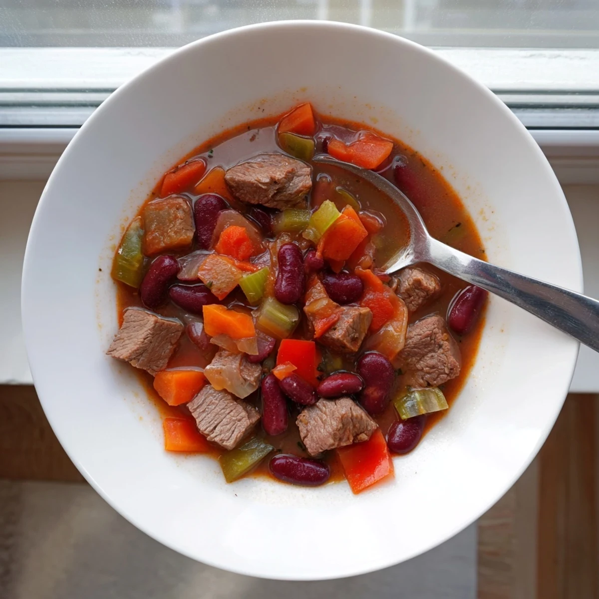 Savory beef and bean soup delight featuring perfectly browned beef, diced tomatoes, and warming spices served in rustic ceramic bowl
