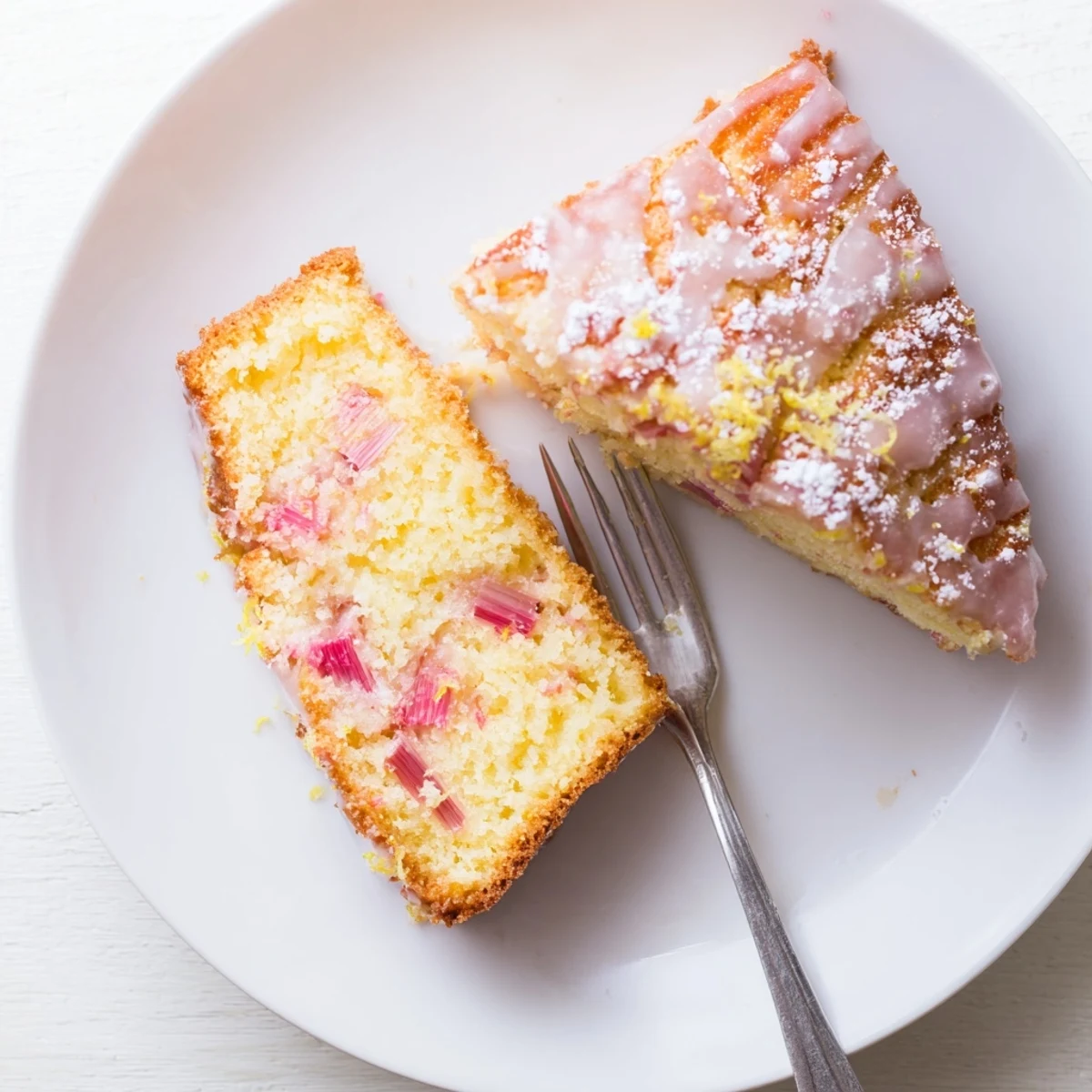 Slice of zesty rhubarb lemon drizzle cake dusted with powdered sugar on a white plate