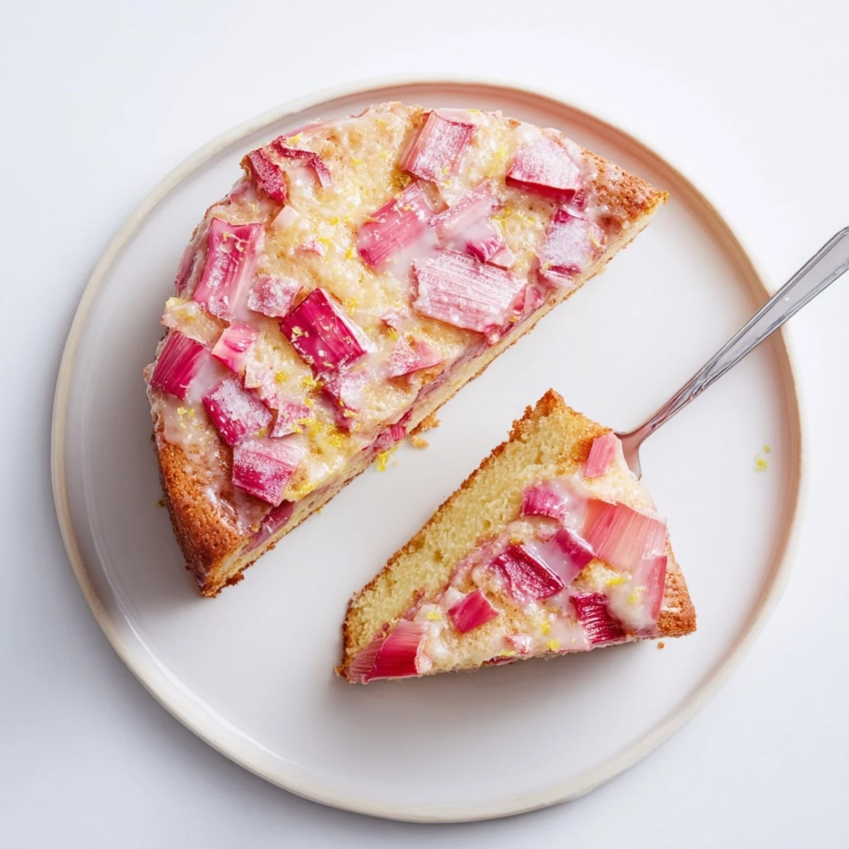 Moist rhubarb lemon drizzle cake studded with pink fruit pieces and topped with lemon zest