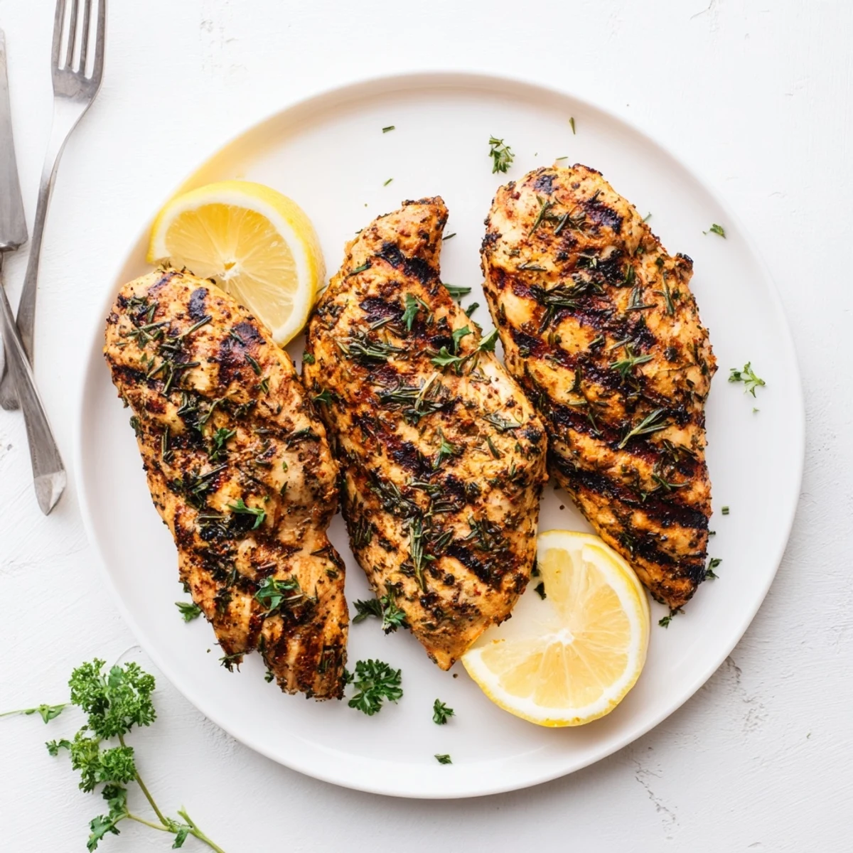 Golden grilled chicken breasts coated in fresh herb rub with charred grill marks