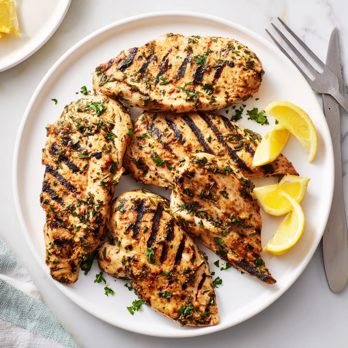 Savory herb rubbed grilled chicken delight garnished with fresh parsley and lemon wedges