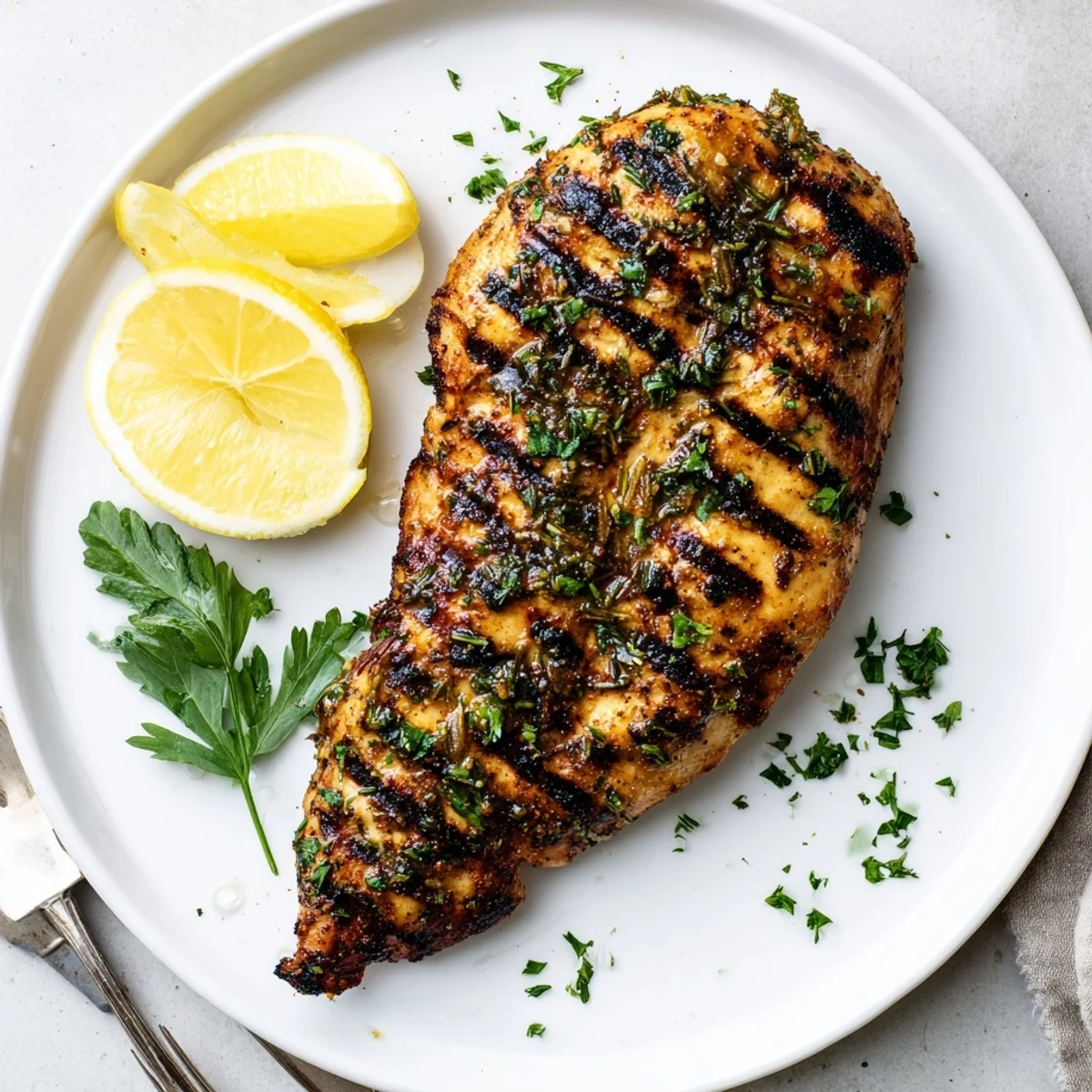 Juicy herb crusted grilled chicken on a white platter ready for serving