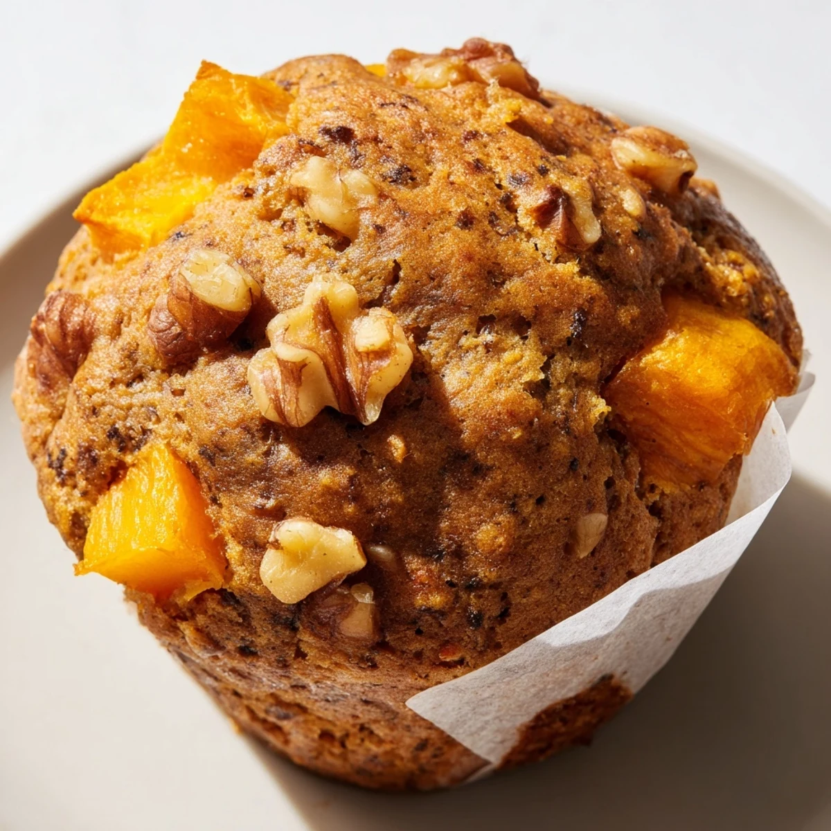 Golden butternut squash banana muffins topped with crunchy walnuts on a rustic wooden board