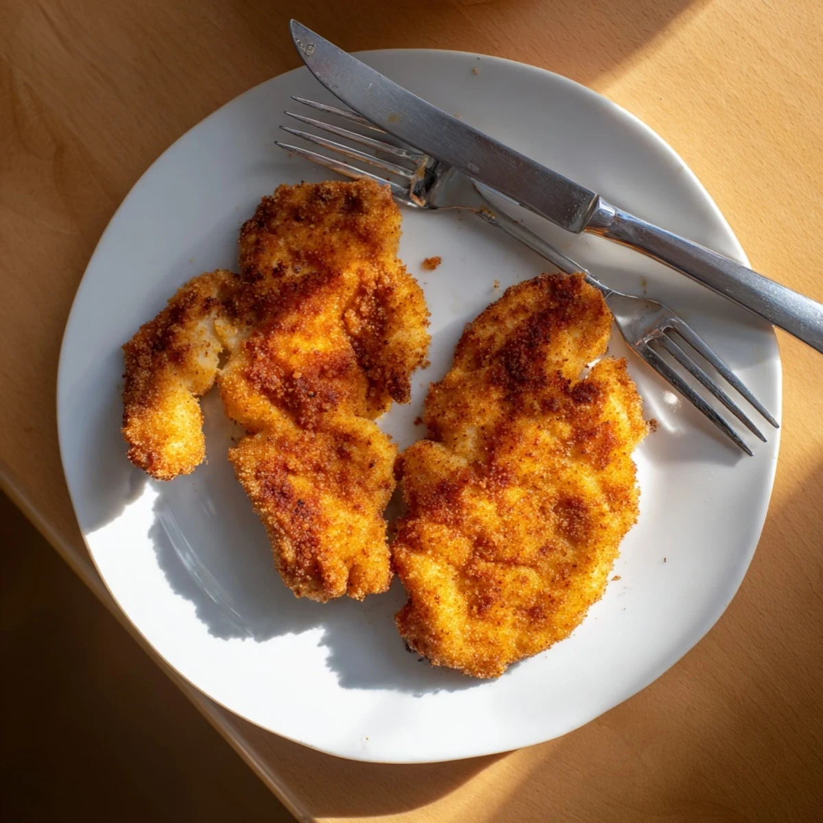 Golden crispy fried chicken breast with juicy meat inside served on white plate