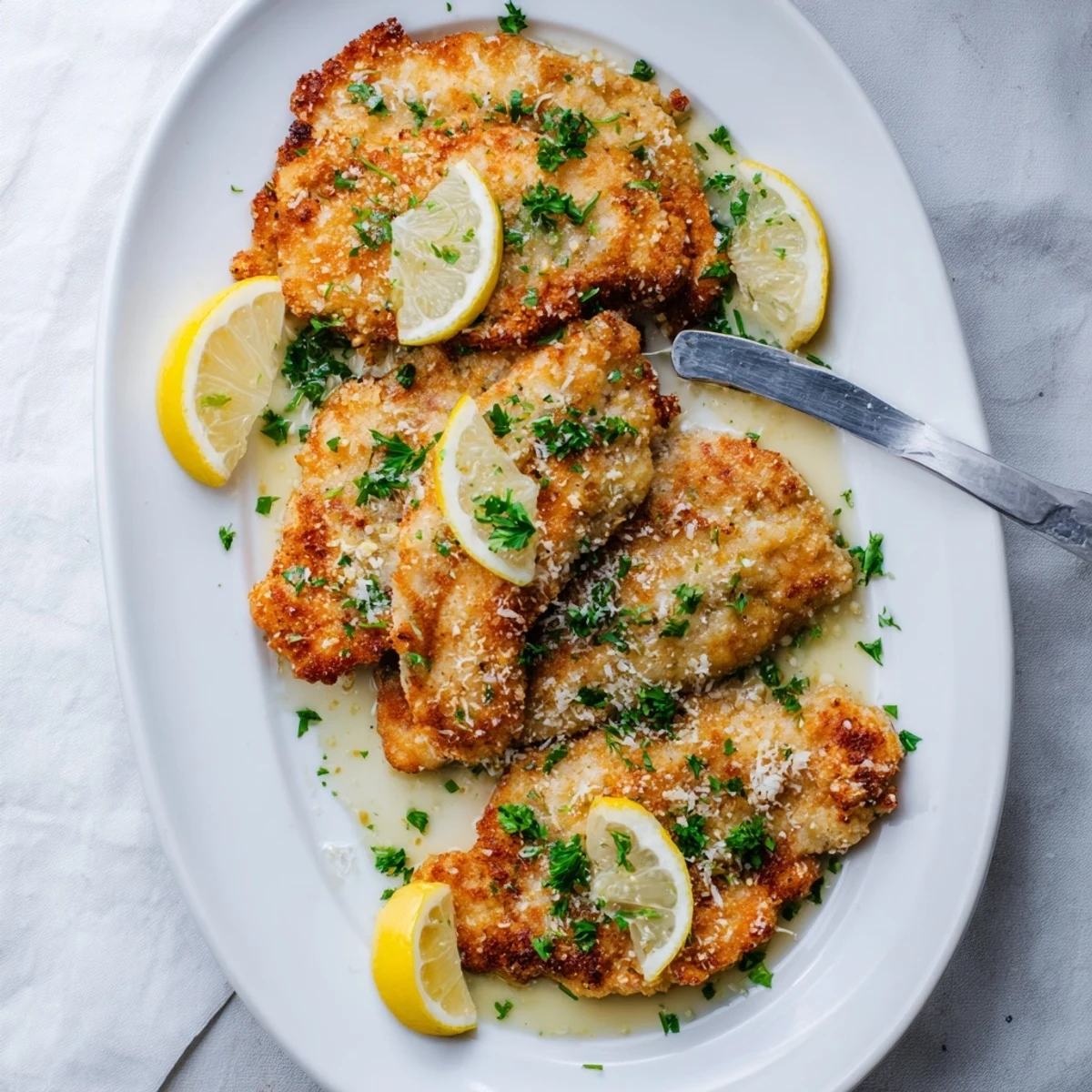 Crispy Lemon Chicken Romano plated with fresh parsley garnish and bright lemon slices on white dish