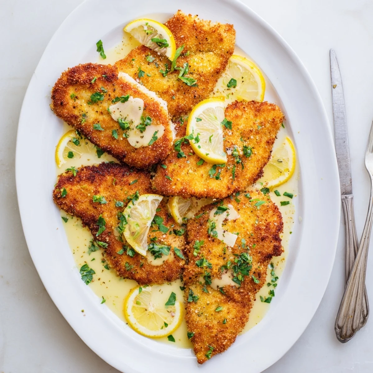Golden Lemon Chicken Romano with crispy parmesan crust and tangy lemon butter sauce drizzled over top