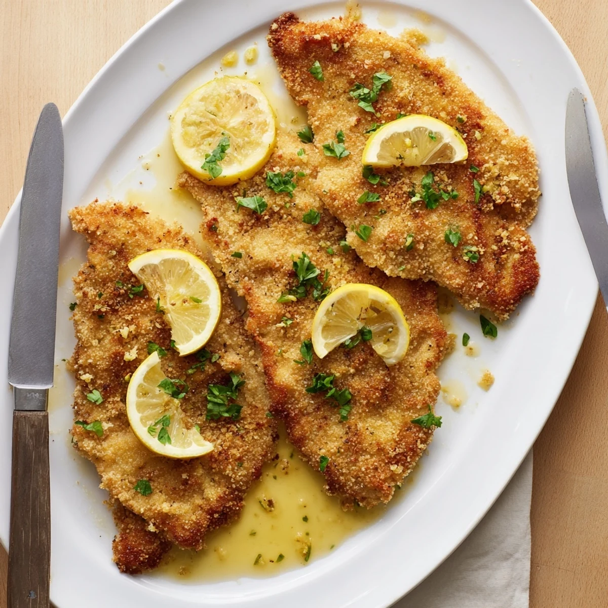 Pan-fried Lemon Chicken Romano cutlets showcasing golden cheese coating finished with glossy lemon garlic sauce