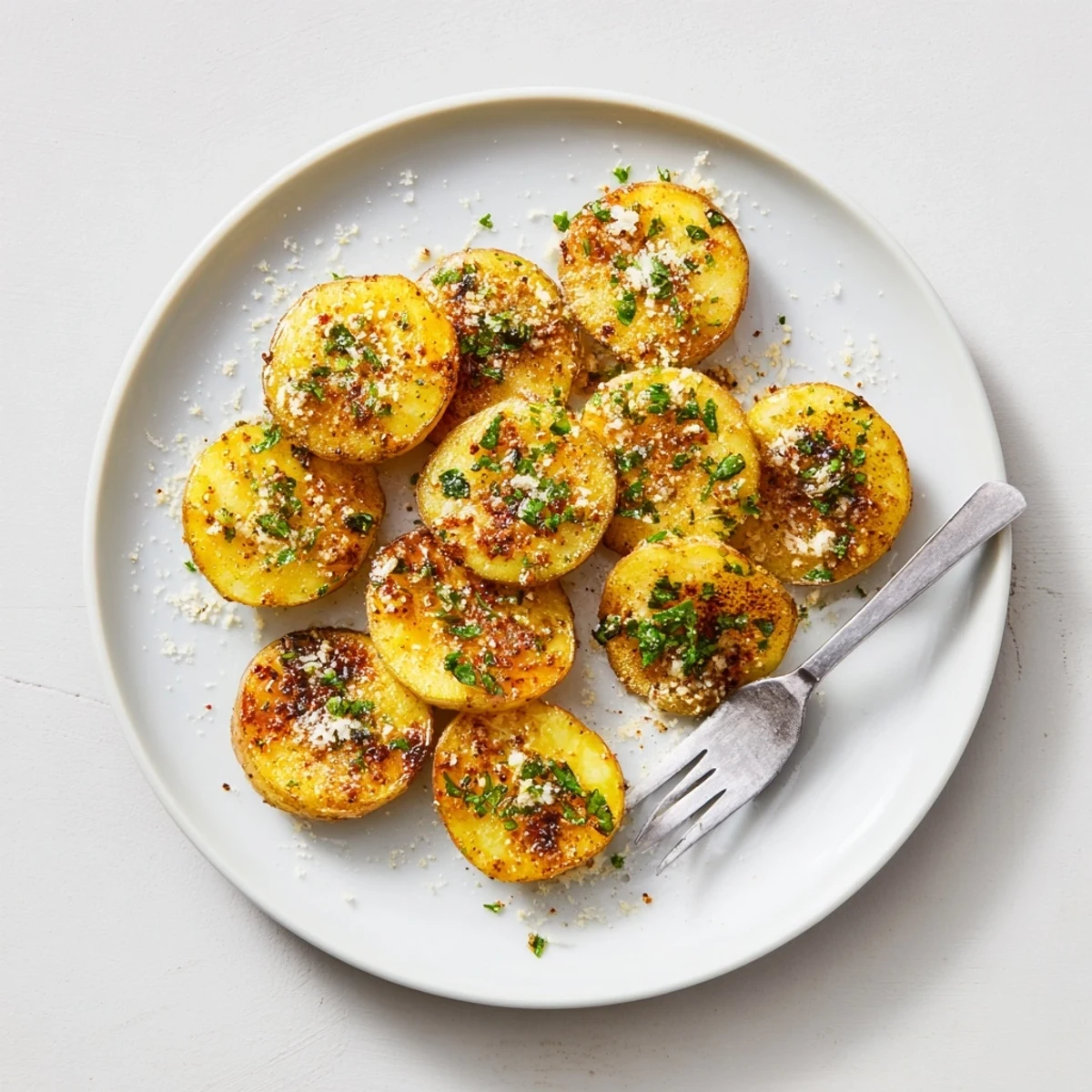 Golden brown garlic roasted radishes arranged on a white serving plate with fresh parsley garnish