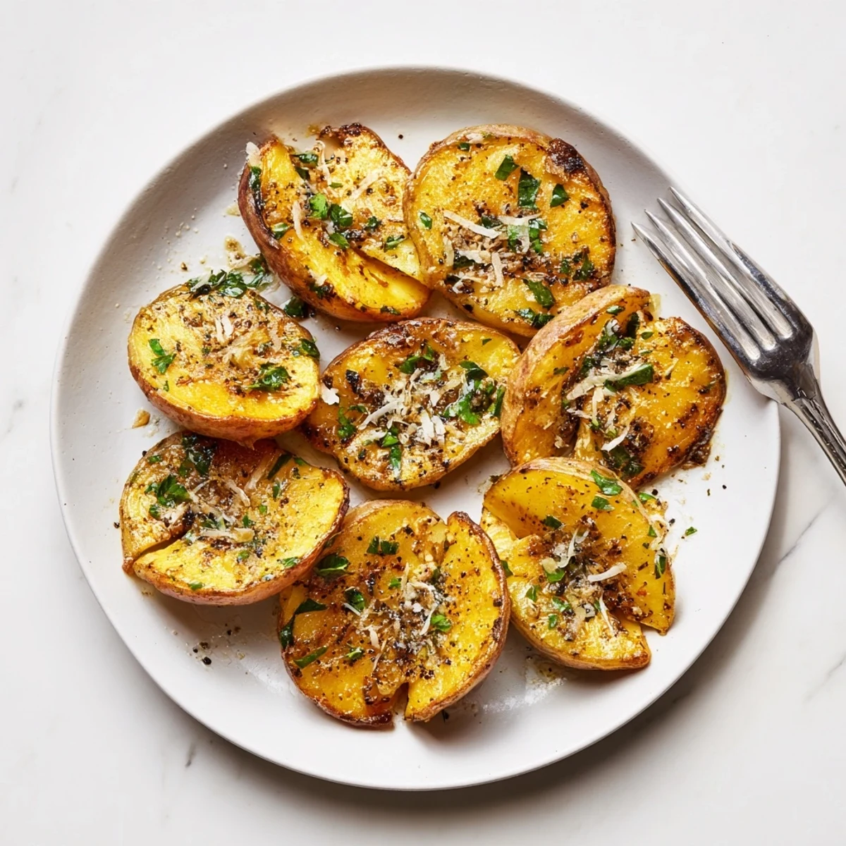 Halved radishes roasted to golden perfection with minced garlic and Parmesan cheese sprinkled on top