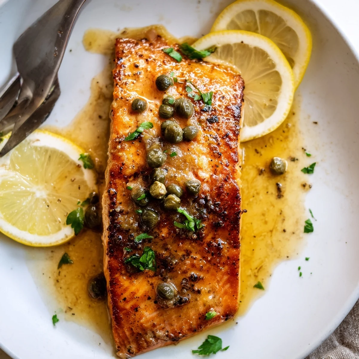 Golden pan seared Salmon Piccata in lemon caper sauce, parsley garnish