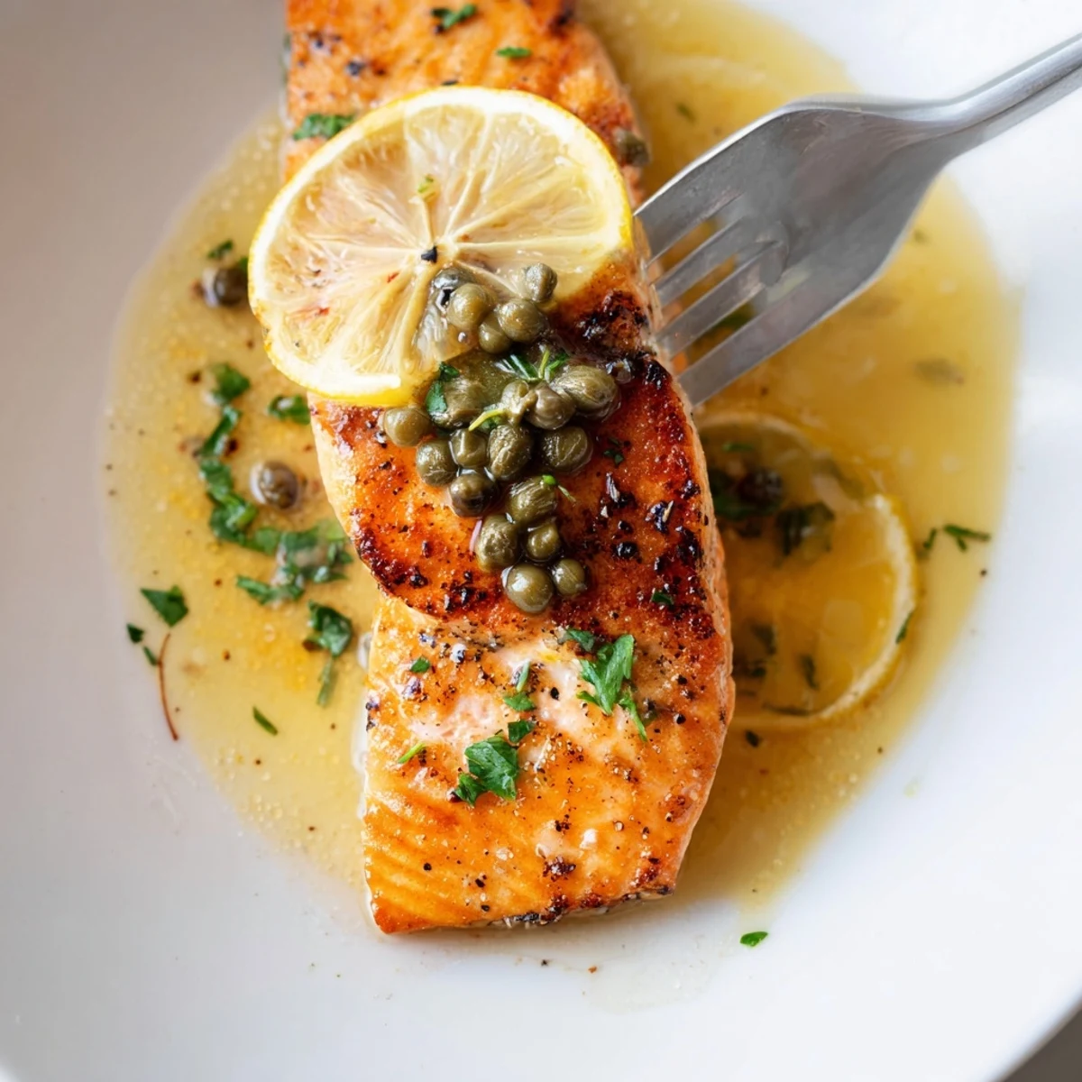 Skillet Salmon Piccata sizzling in butter and white wine, bright lemon