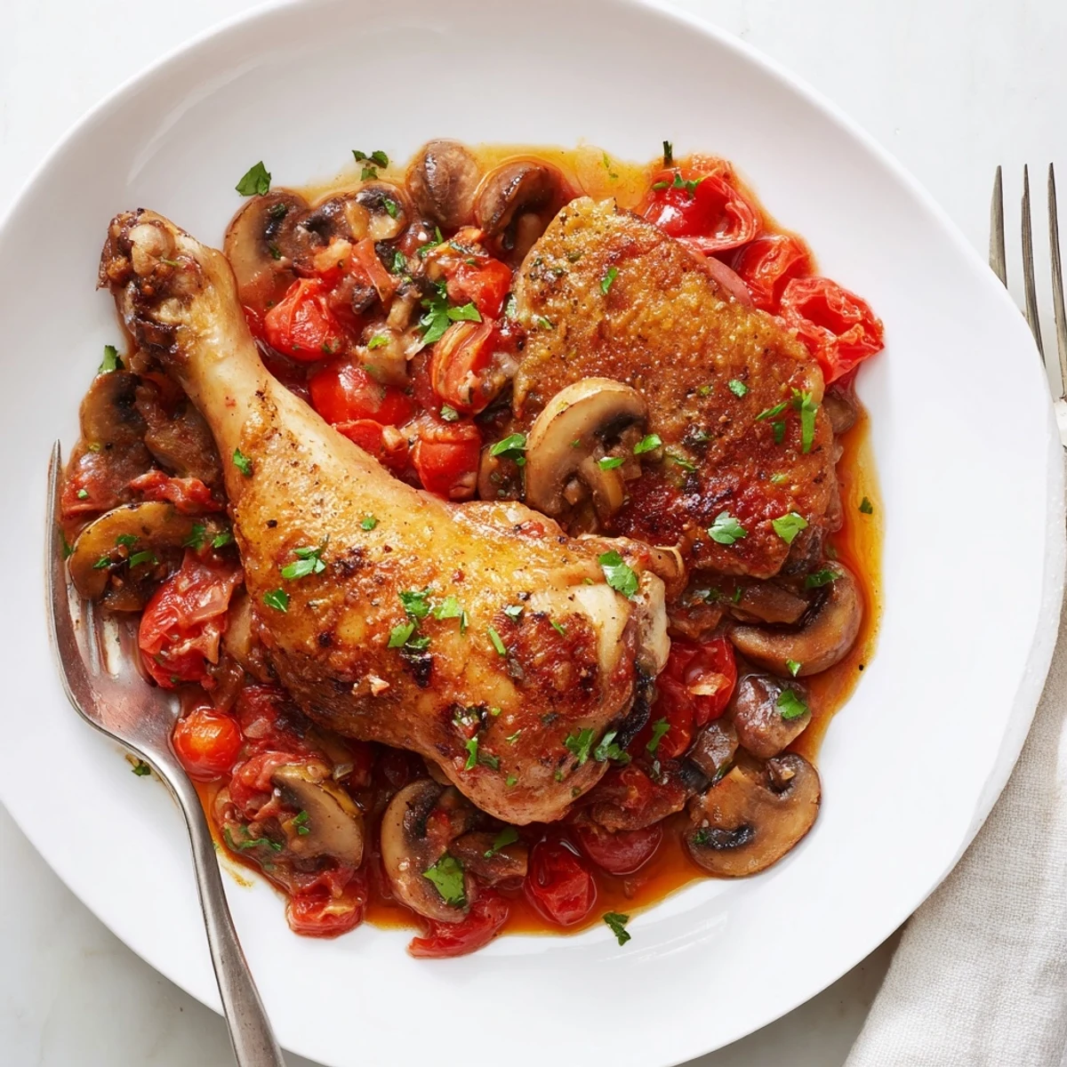 Chicken Chasseur simmering in rich tomato and mushroom sauce, garnished with parsley.