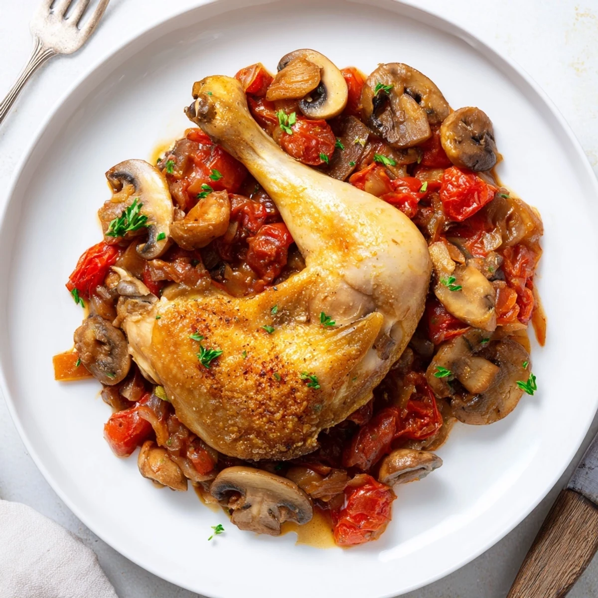 Hearty Chicken Chasseur spooned beside crusty bread, glossy wine scented tomato sauce.
