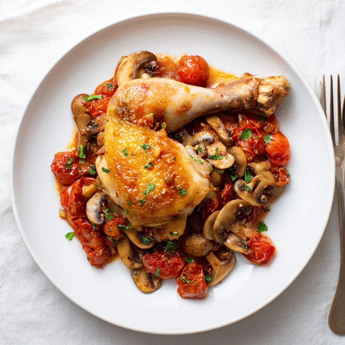 Rustic Chicken Chasseur with browned chicken, aromatic tarragon, served over buttered noodles.