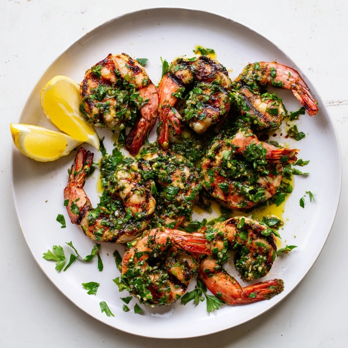 Golden chimichurri shrimp sizzling in a skillet with fresh herbs and lemon wedges