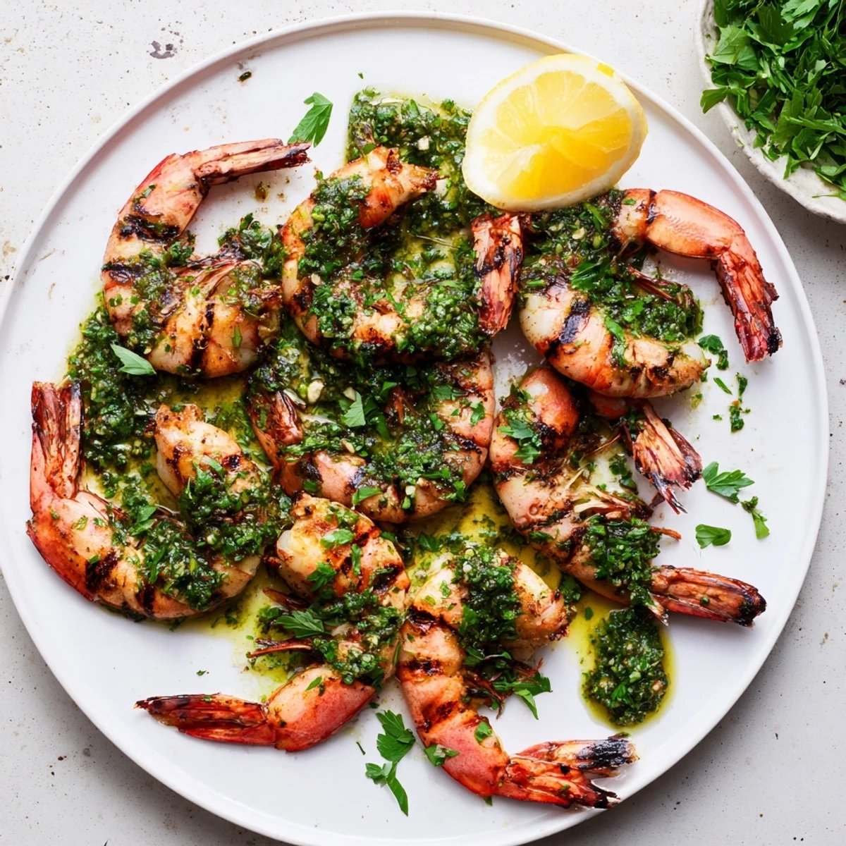 Plump grilled chimichurri shrimp garnished with vibrant green parsley and zesty citrus