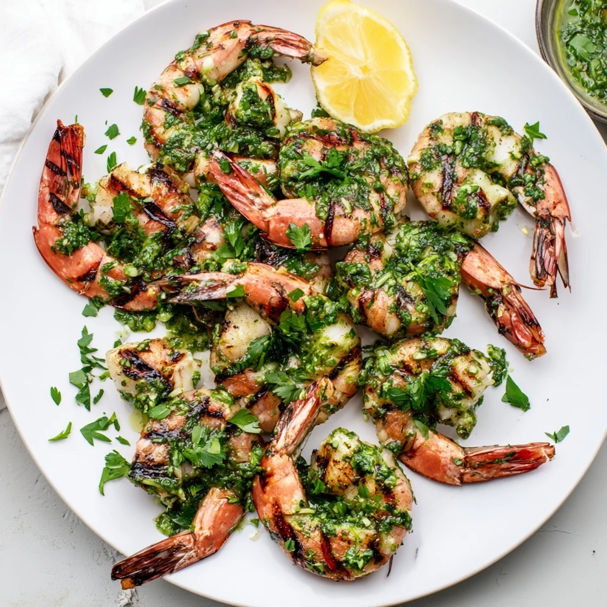 Perfectly charred chimichurri shrimp plated on a white dish with fresh cilantro sprigs