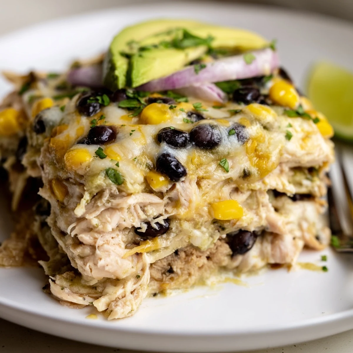 Salsa Verde Chicken Casserole bubbling with melted cheese, cilantro and lime wedges  
