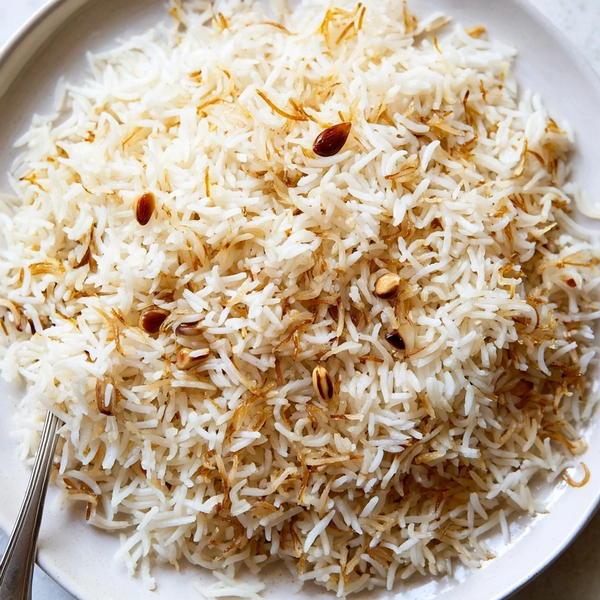 Fluffy Lebanese Rice with golden toasted vermicelli nestled in a buttery serving bowl