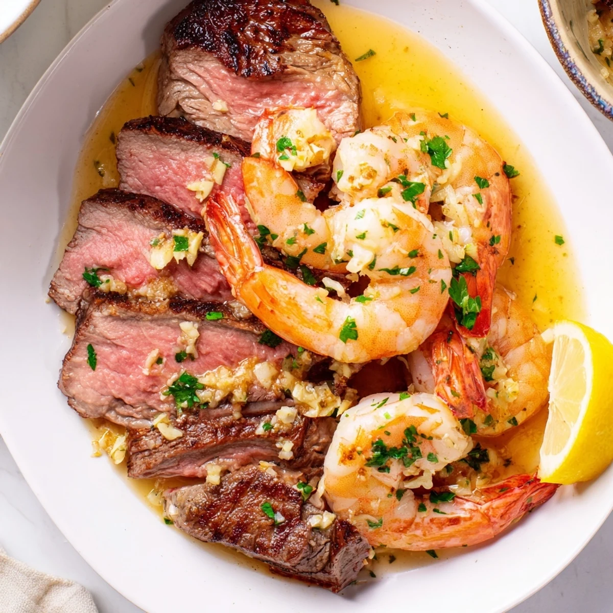 Juicy seared steak and garlic butter shrimp sizzling in a cast iron skillet