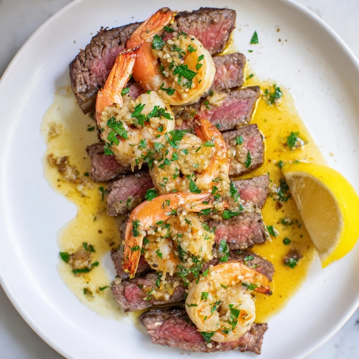 Golden pan-seared steak and garlic butter shrimp plated with lemon wedges for serving