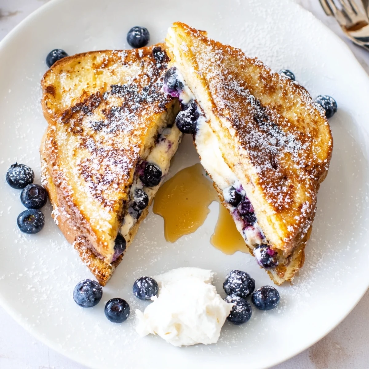 Golden brown blueberry cheesecake stuffed French toast dusted with powdered sugar on a white plate