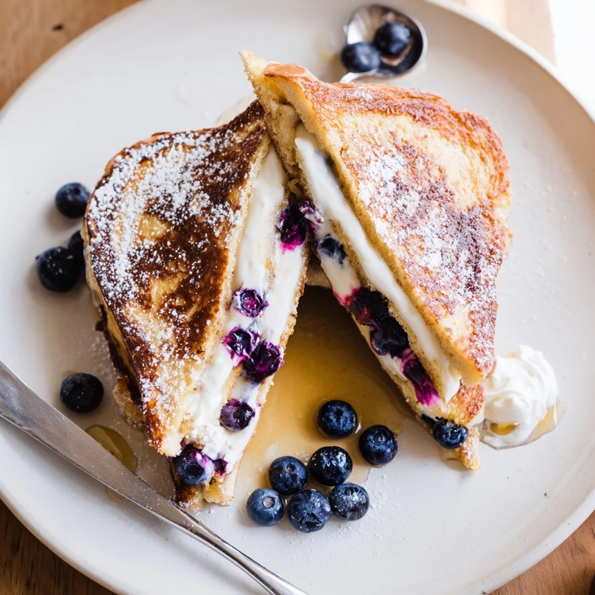 Thick brioche blueberry cheesecake stuffed French toast drizzled with maple syrup and topped with fresh berries