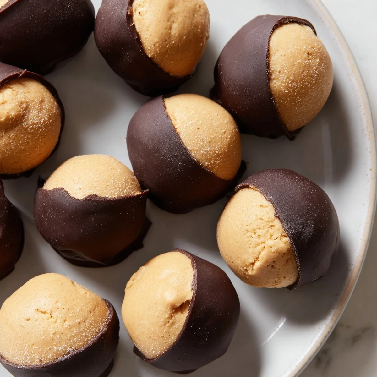 Chewy buckeye cookies with creamy peanut butter centers dipped in glossy semisweet chocolate