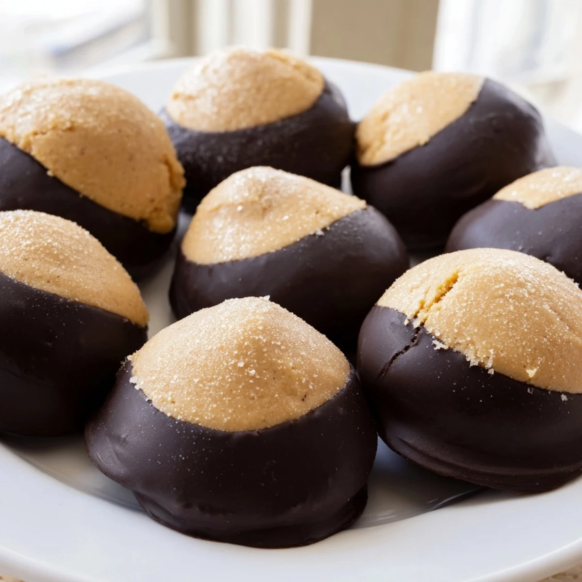 Homemade buckeye cookies arranged on a rustic plate with the signature bare peanut butter top