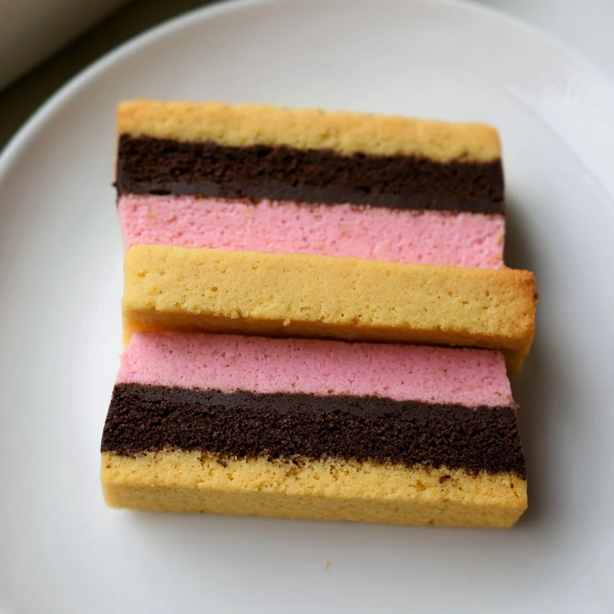 Colorful Neapolitan Cookies sliced to reveal chocolate, vanilla, and strawberry layers on parchment