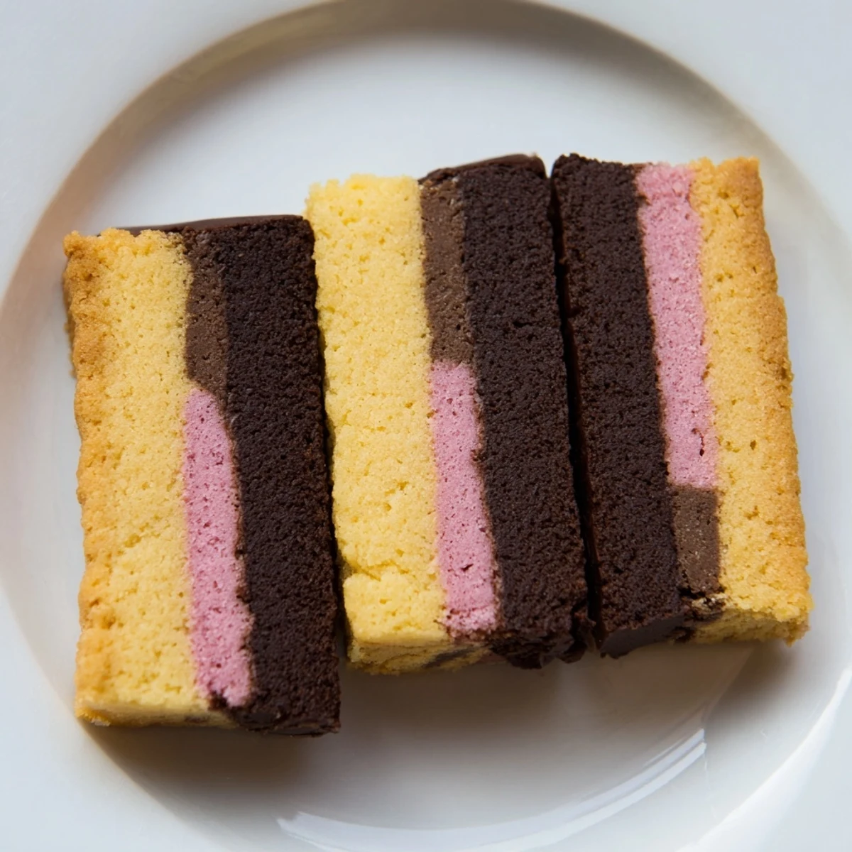 Tri-colored Neapolitan Cookies stacked on a ceramic plate beside a glass of milk