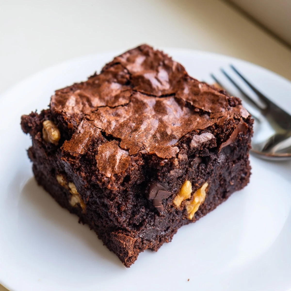 Freshly baked fudgy brownies cut into perfect squares on a rustic cutting board