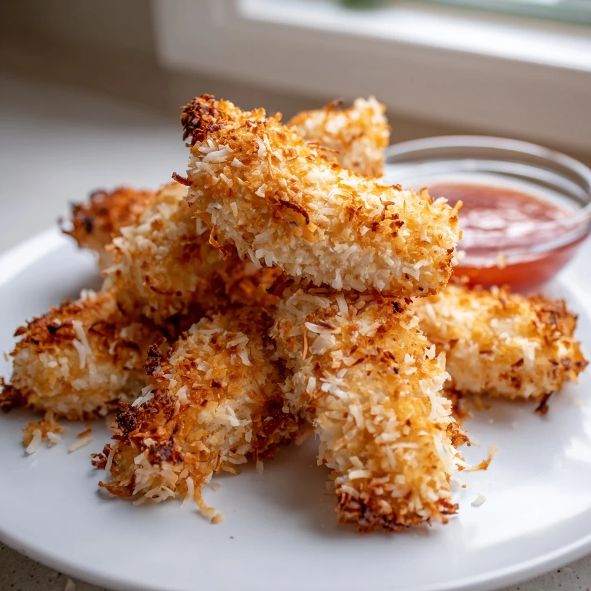 Golden crunchy coconut chicken strips served with sweet chili dipping sauce on a rustic plate