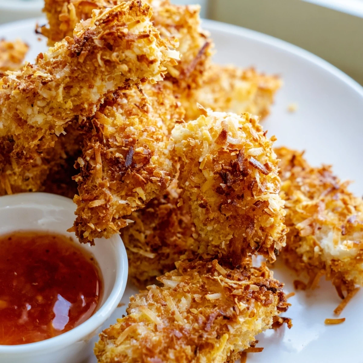 Crispy baked coconut chicken tenders arranged on parchment paper with a golden panko crust