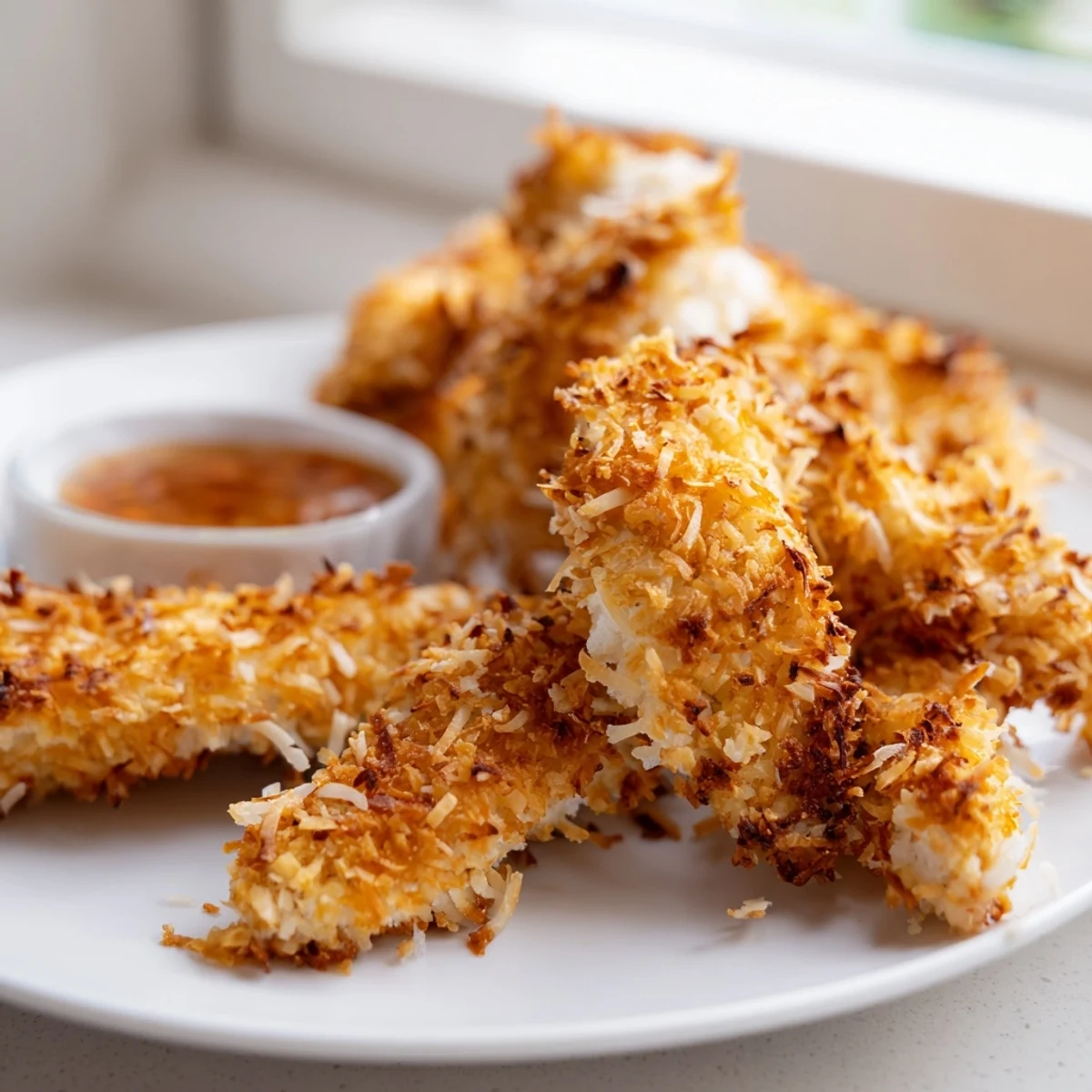 Crunchy coconut chicken pieces nestled beside fresh salad greens with mango chutney for dipping
