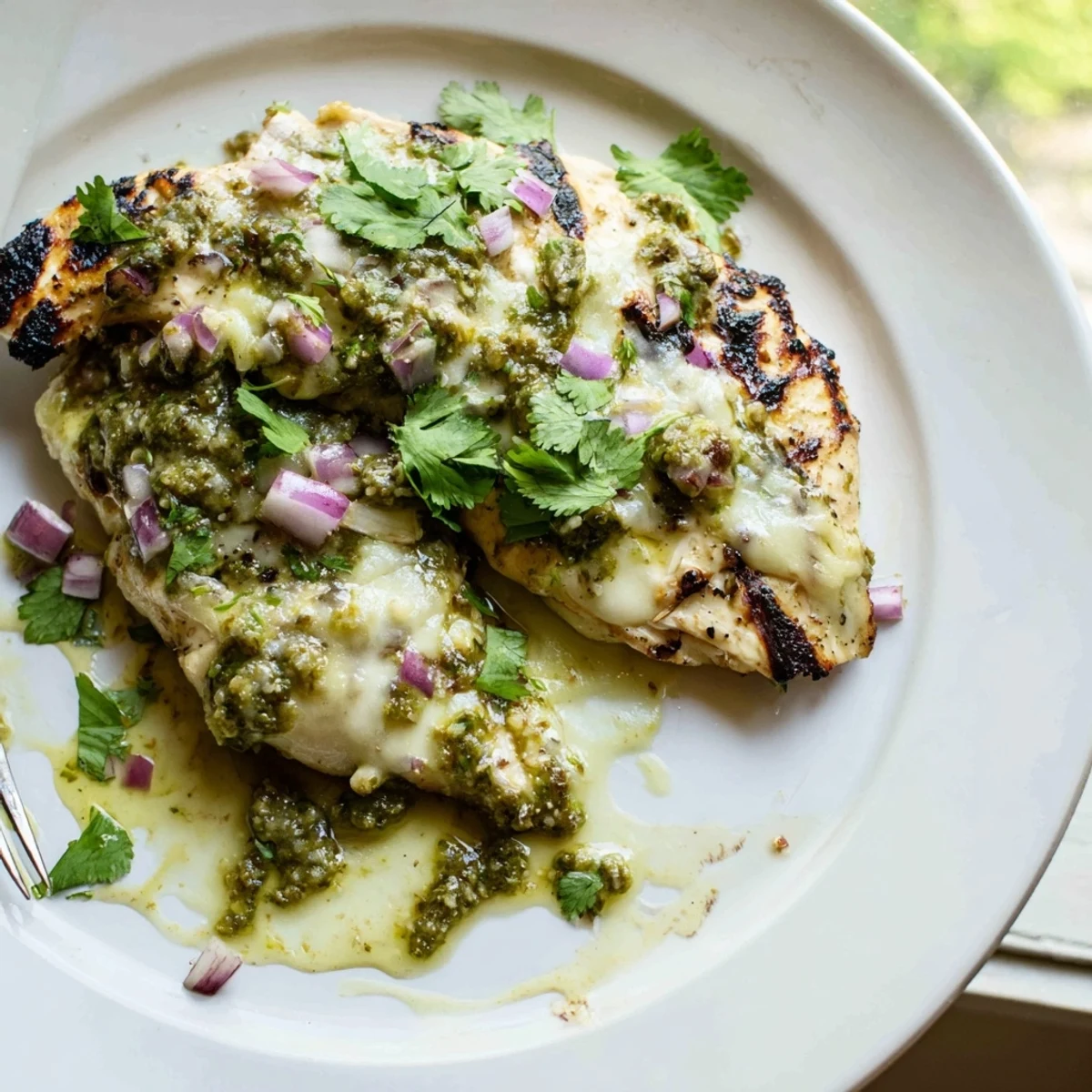 Golden grilled chicken smothered in melted Pepper Jack cheese and vibrant salsa verde
