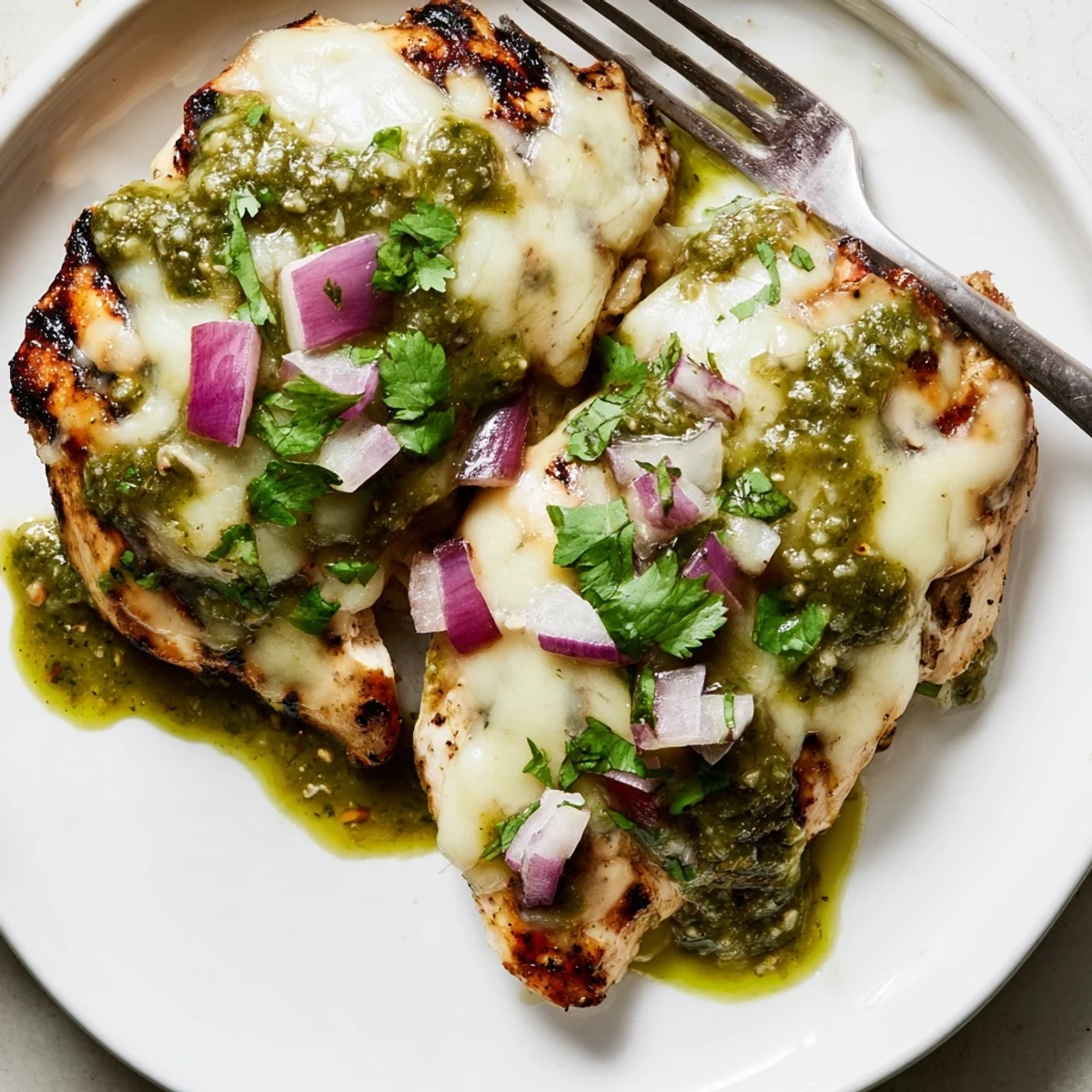 Cheesy grilled salsa verde pepper jack chicken garnished with fresh cilantro and lime wedges