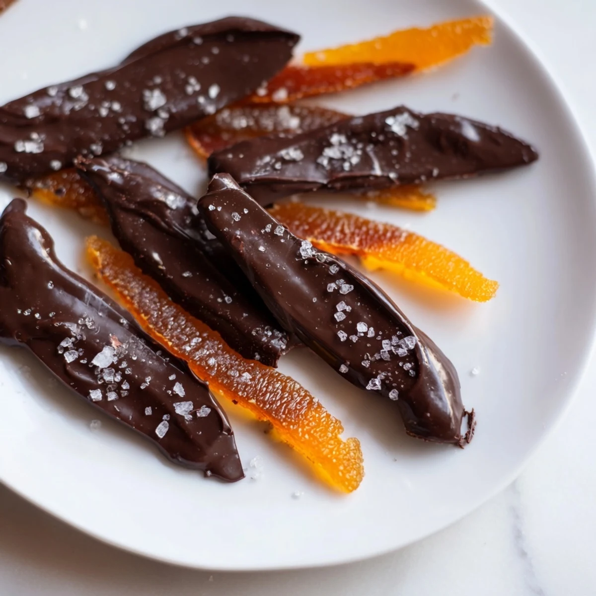 Candied chocolate covered orange peels glossy dark coating dripping over translucent citrus strips