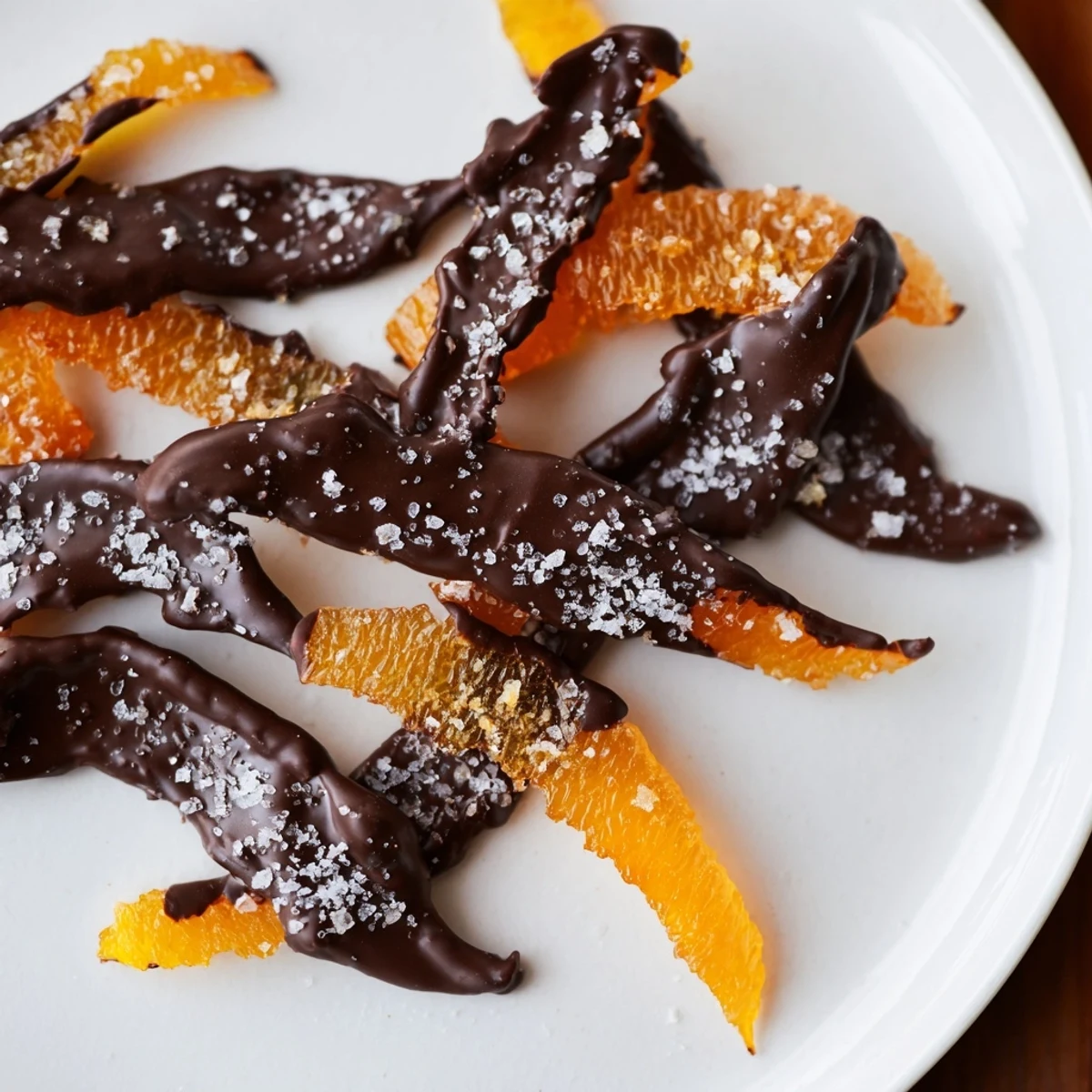 Glistening chocolate covered orange peels arranged on parchment with flaky sea salt