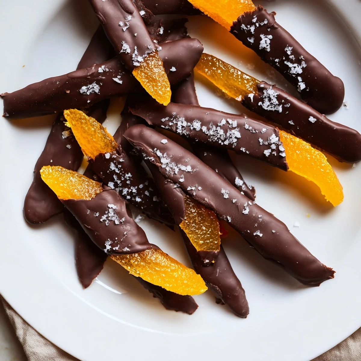 Dark chocolate covered orange peels piled in a rustic gift box with ribbon