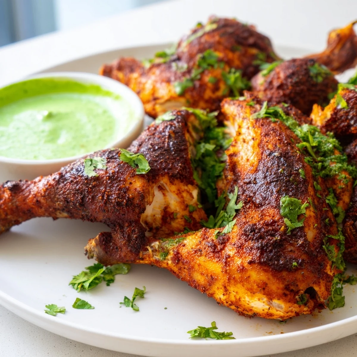 Golden roasted Peruvian chicken with crisp skin served alongside creamy green sauce